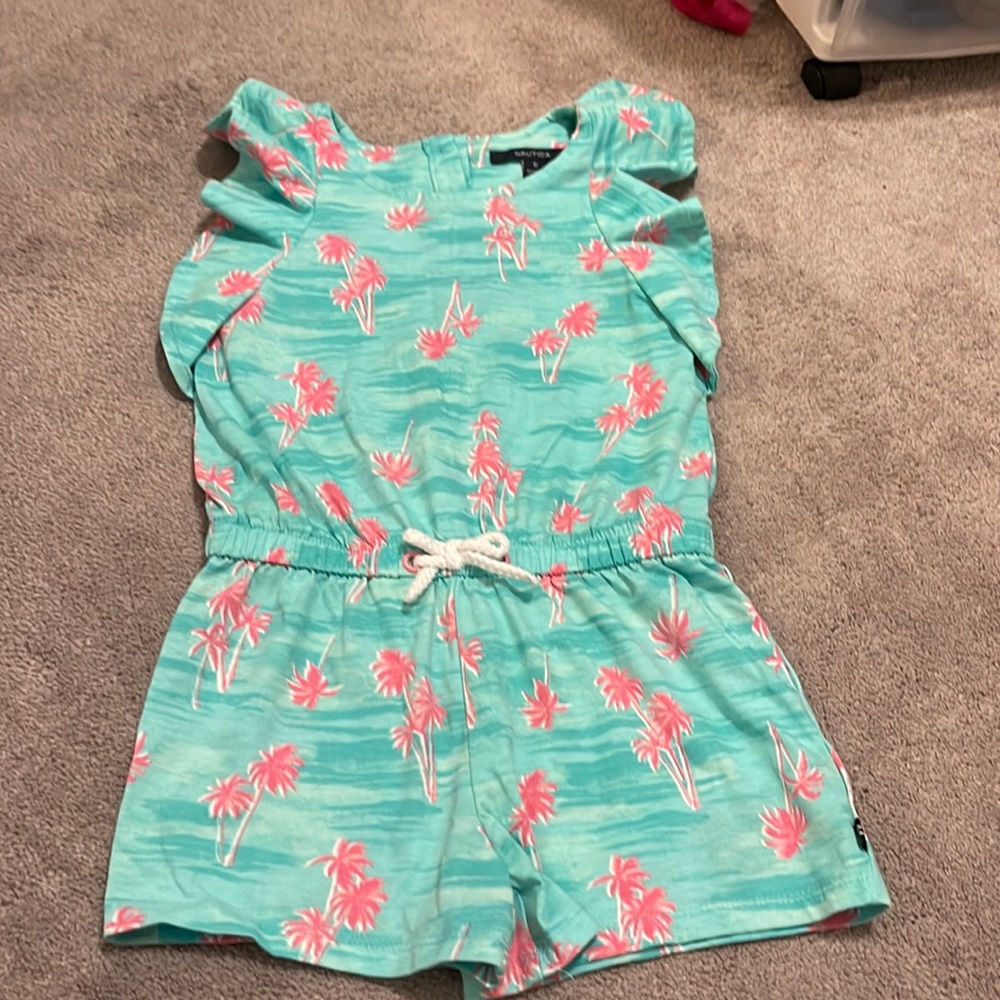 Girls Tropical palm tree ruffle romper.